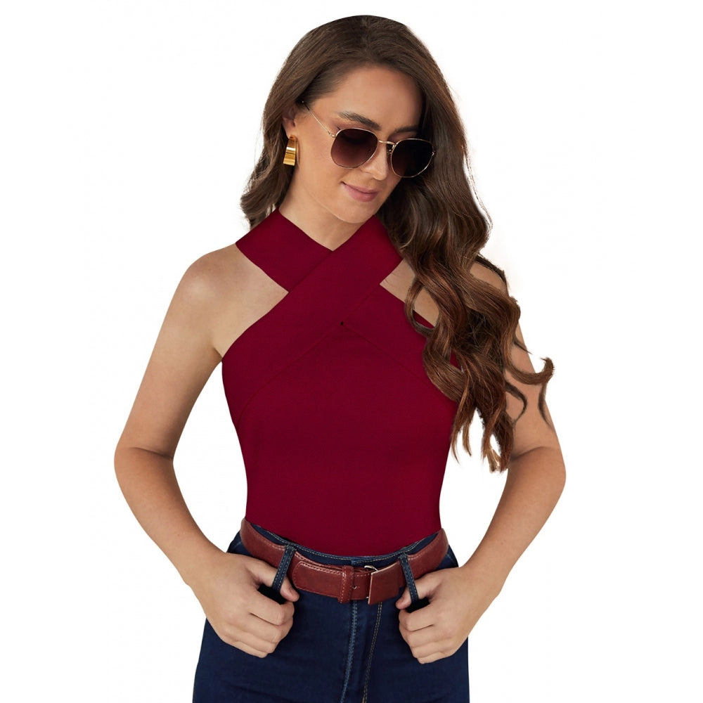 Maroon top with V-neck and shoulder cutouts, western style
