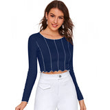 Blue hosiery crop top for women's western wear, full sleeve with round neck, plain pattern