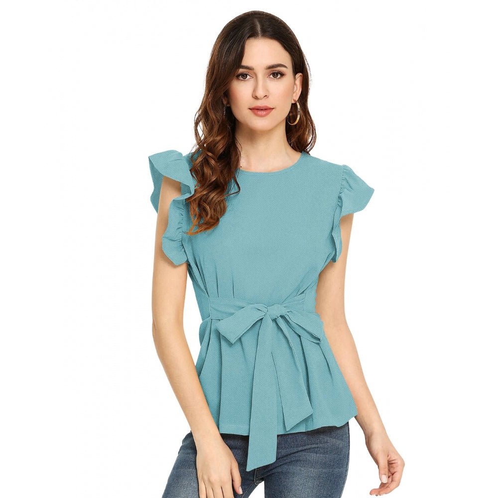 Light blue hosiery T-shirt for women's western wear, sleeveless and round neck style
