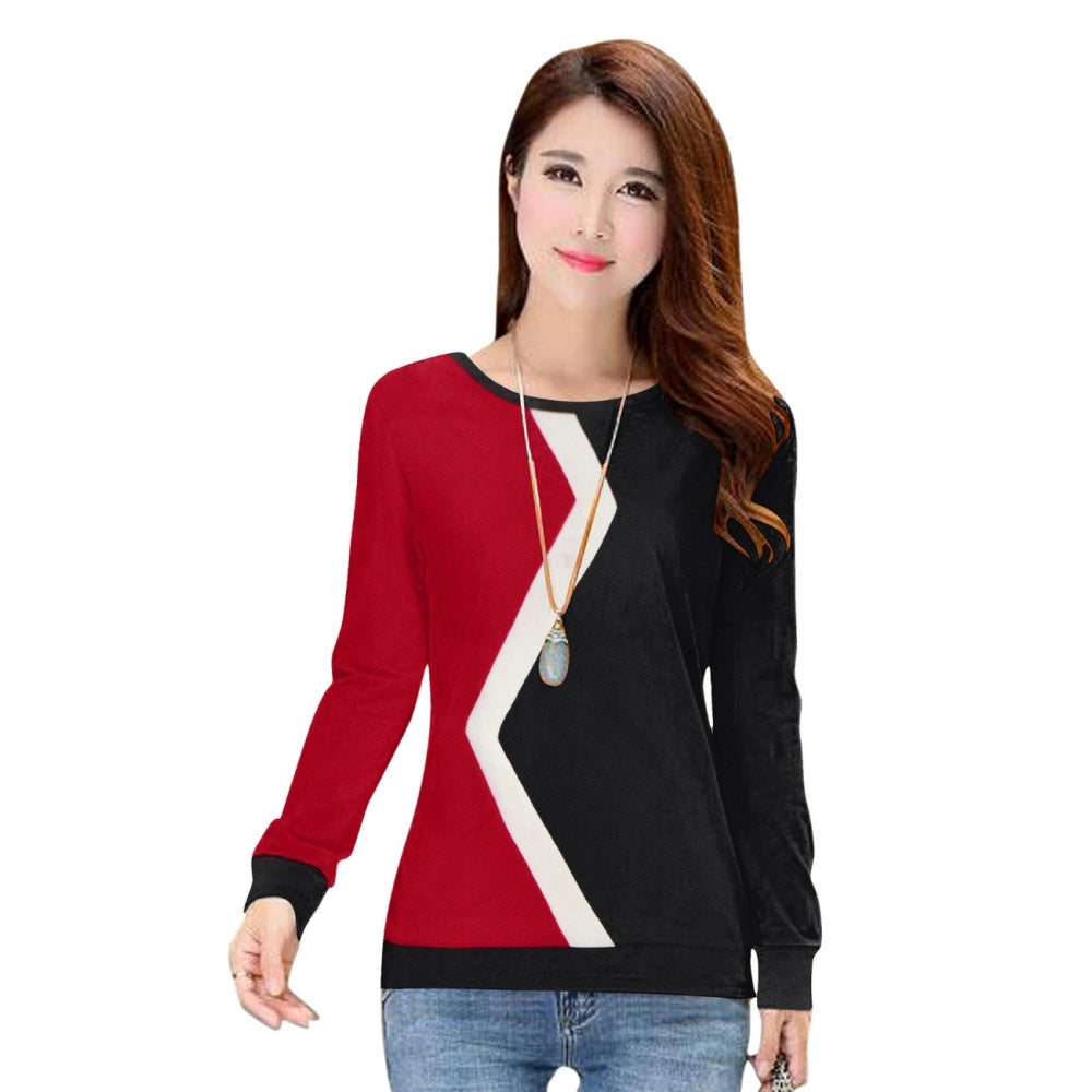 Red long-sleeved t-shirt with western cut in women's wear, featuring a V-neck
