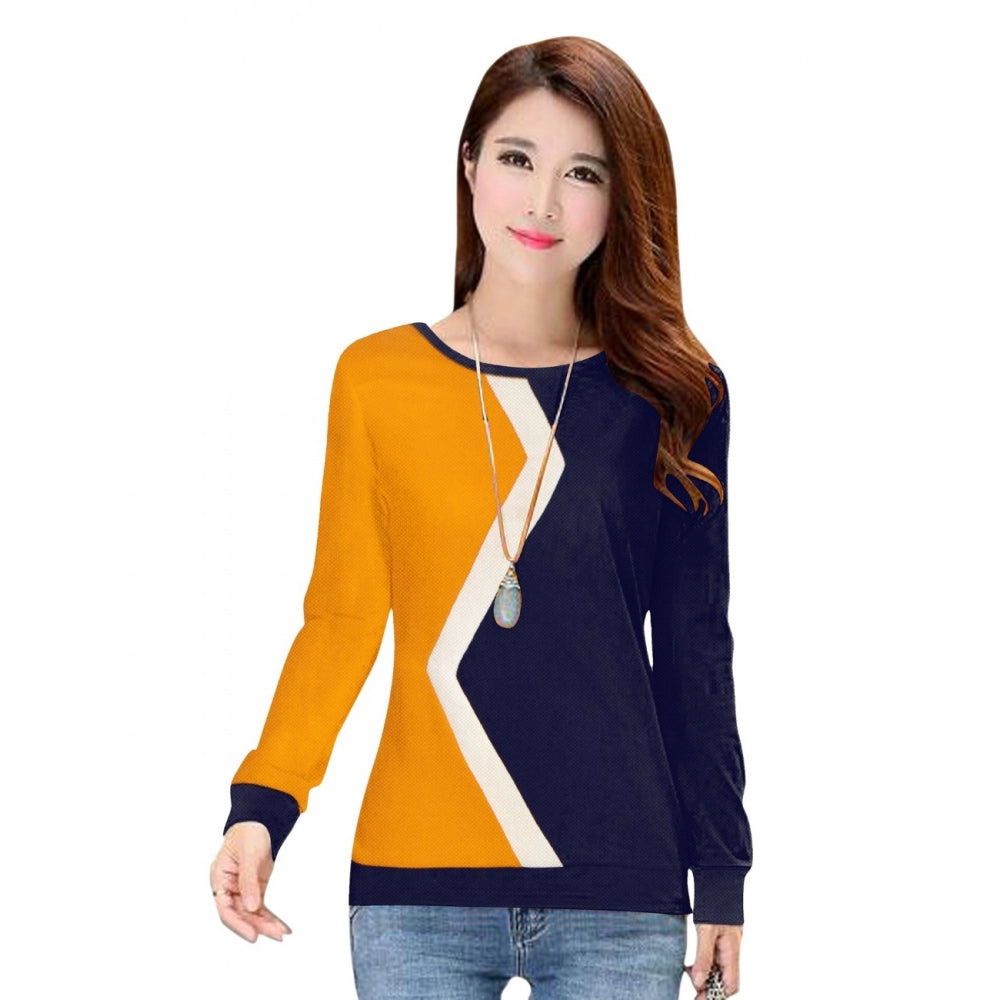 Orange and blue long-sleeved crew neck top