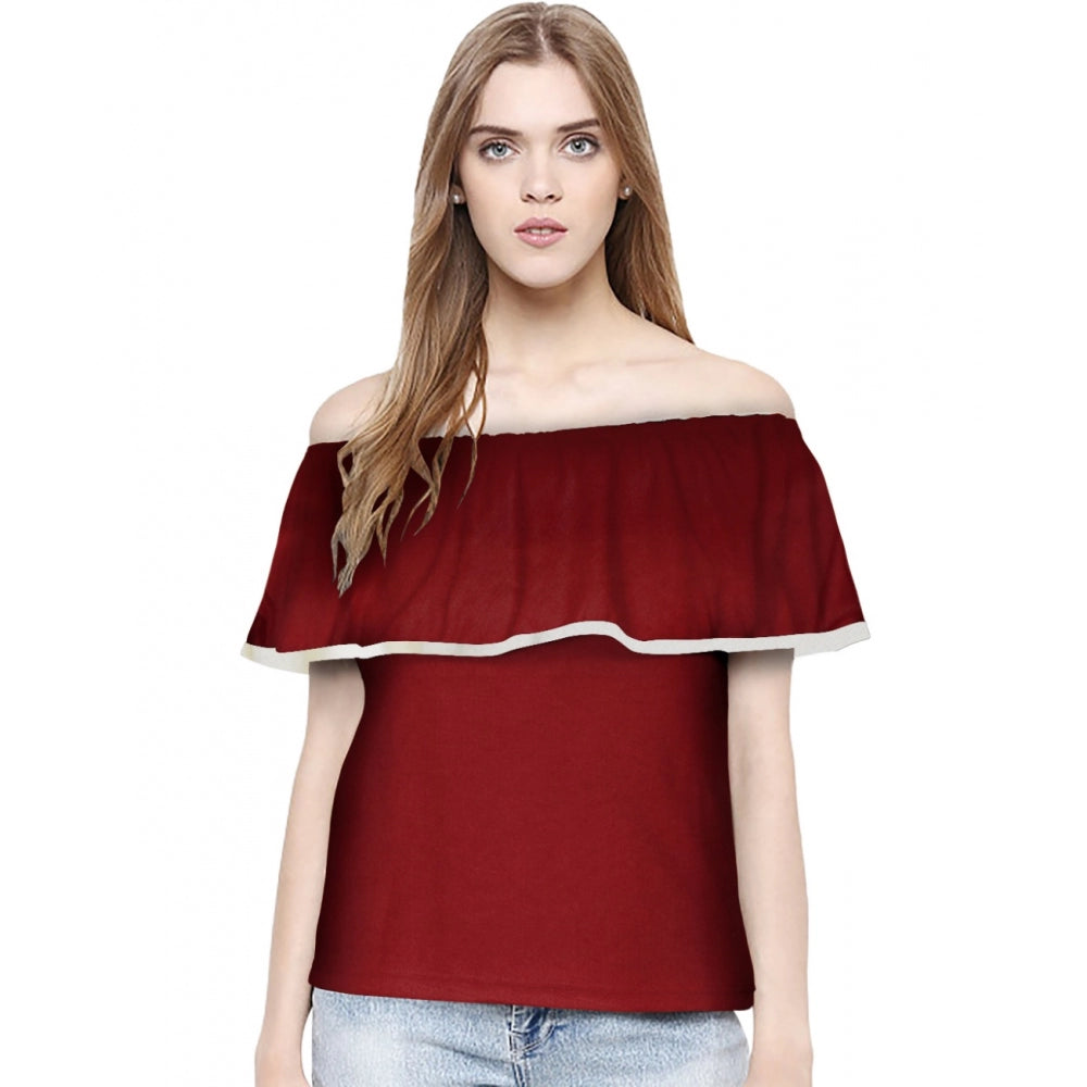 Maroon blouse with off-shoulder design, crew neck, ruffle sleeve detail