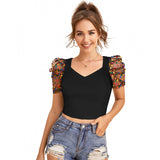 Black hosiery crop top for women's western wear, plain design with half sleeves