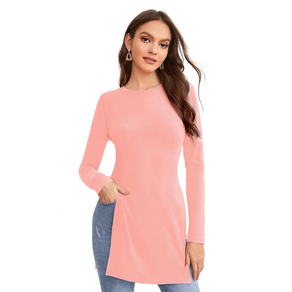 Pink long sleeve top, crew neck, straight cut