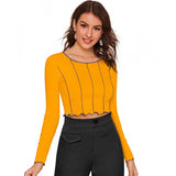 Yellow top with blue trim, cropped style, midriff exposure
