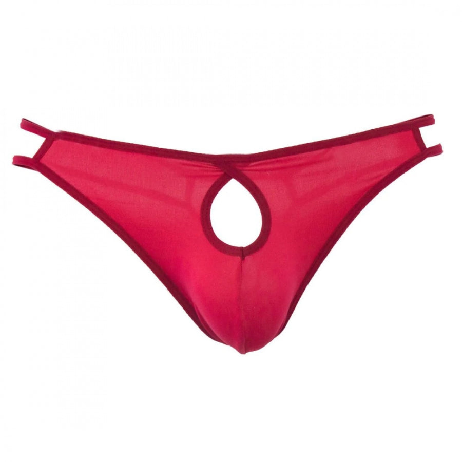 Red cotton spandex men's brief thong underwear with front open hole and notch detail