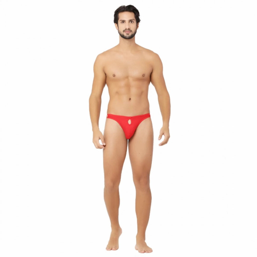 Red cotton spandex men's thong underwear with front hole, lace detail on side