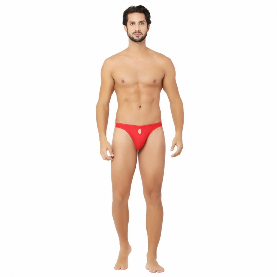 Men's red cotton spandex brief thong underwear with front open hole and notch, featuring side lace detail and supportive fabric pouch