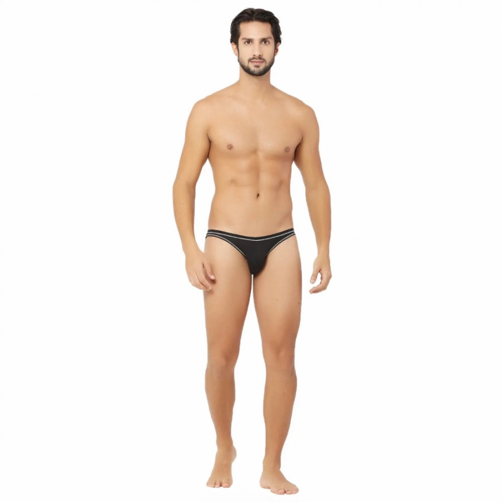 Black bamboo spandex men's underwear for heat regulation, UV protection, sweat resistance. Close-up image of non-returnable black bikini briefs made with ultra-fresh fabric