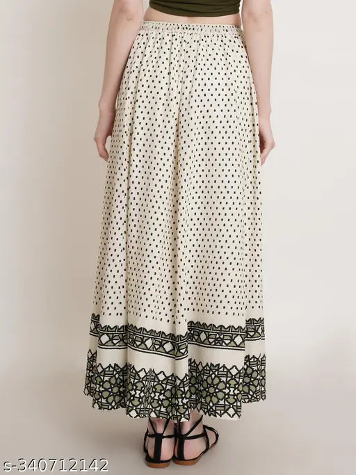 Off-white cotton maxi skirt with crepe lining, printed net pattern, perfect for women's fashionable modest look. Made from high-quality Indian cotton