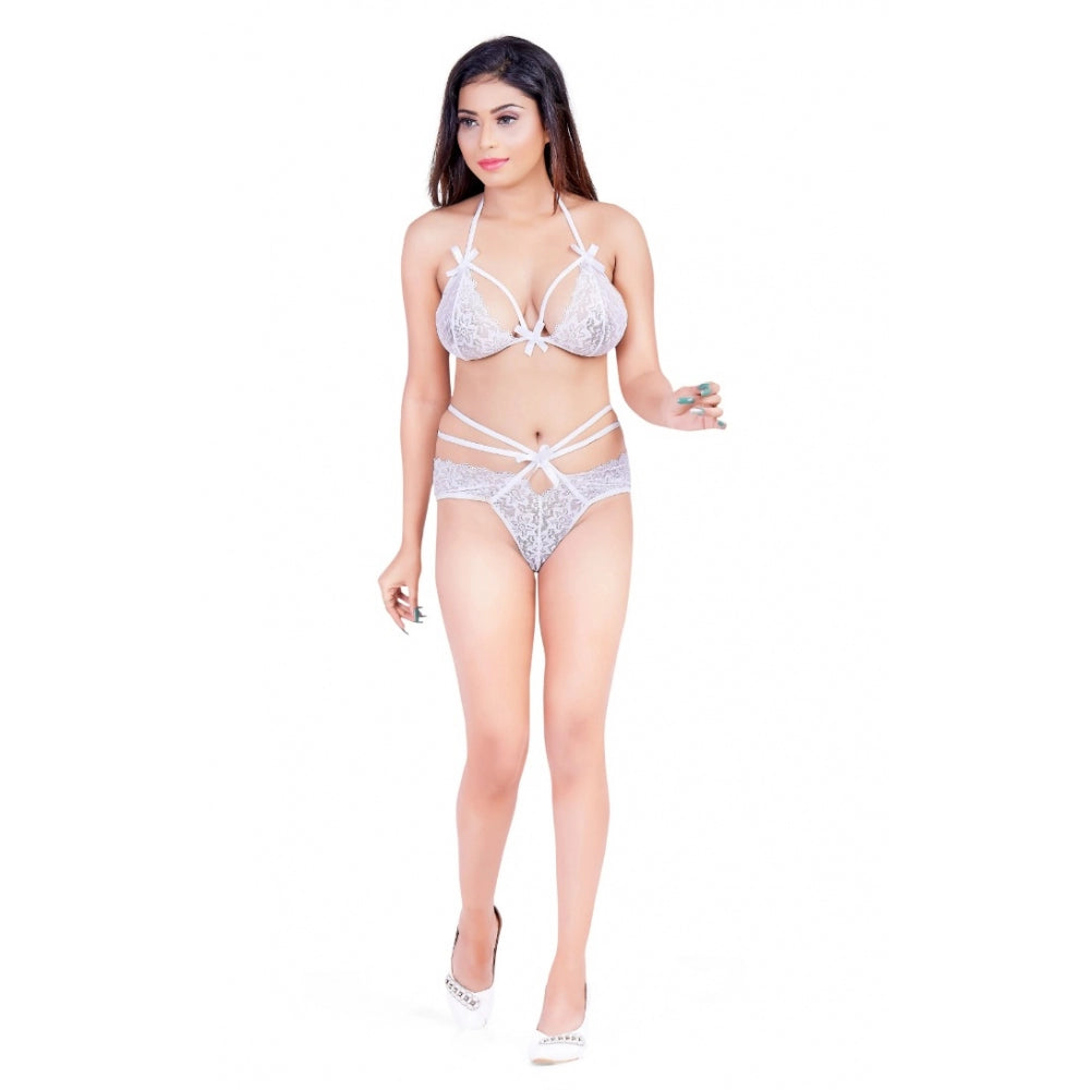 White lace solid sheer lingerie set: Lace bra, panty with floral cotton lace and bowknot decoration