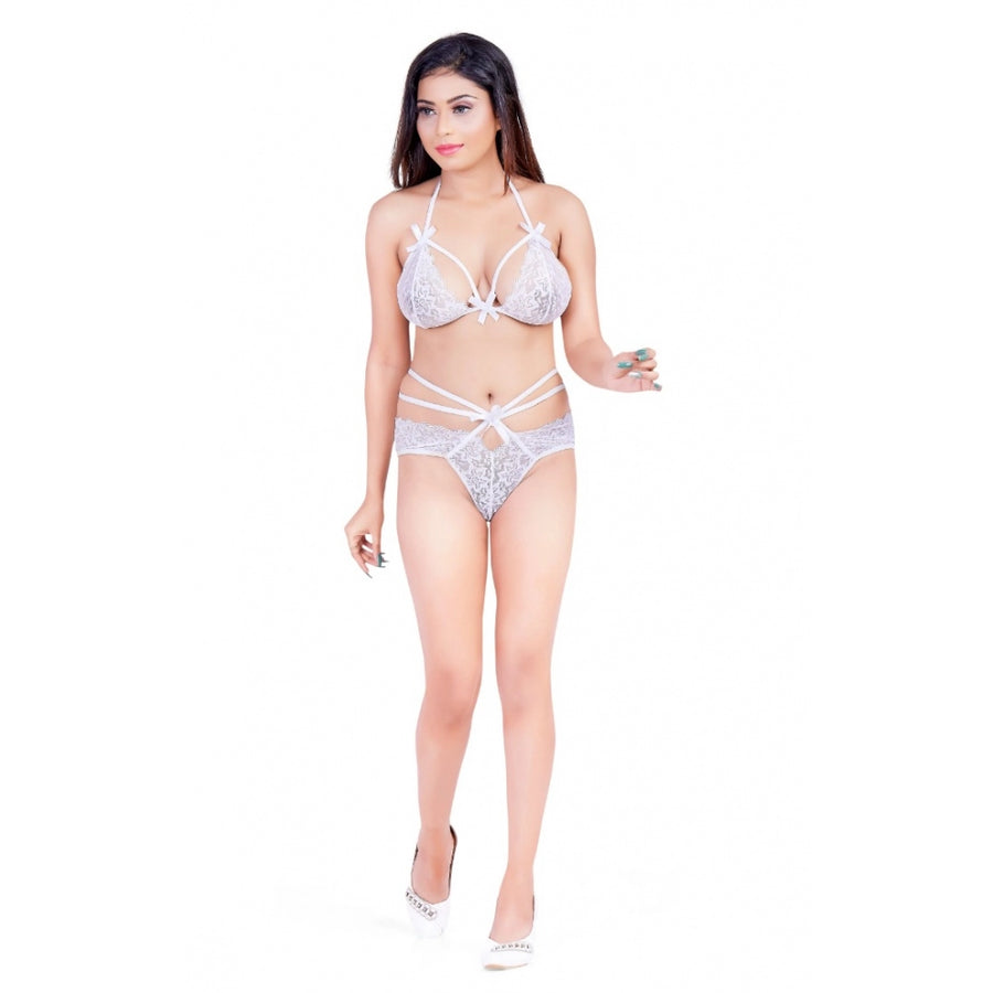 White lace solid sheer lingerie set (bralette & panty), floral cotton lace design, non-wired, non-padded, mid-rise waist