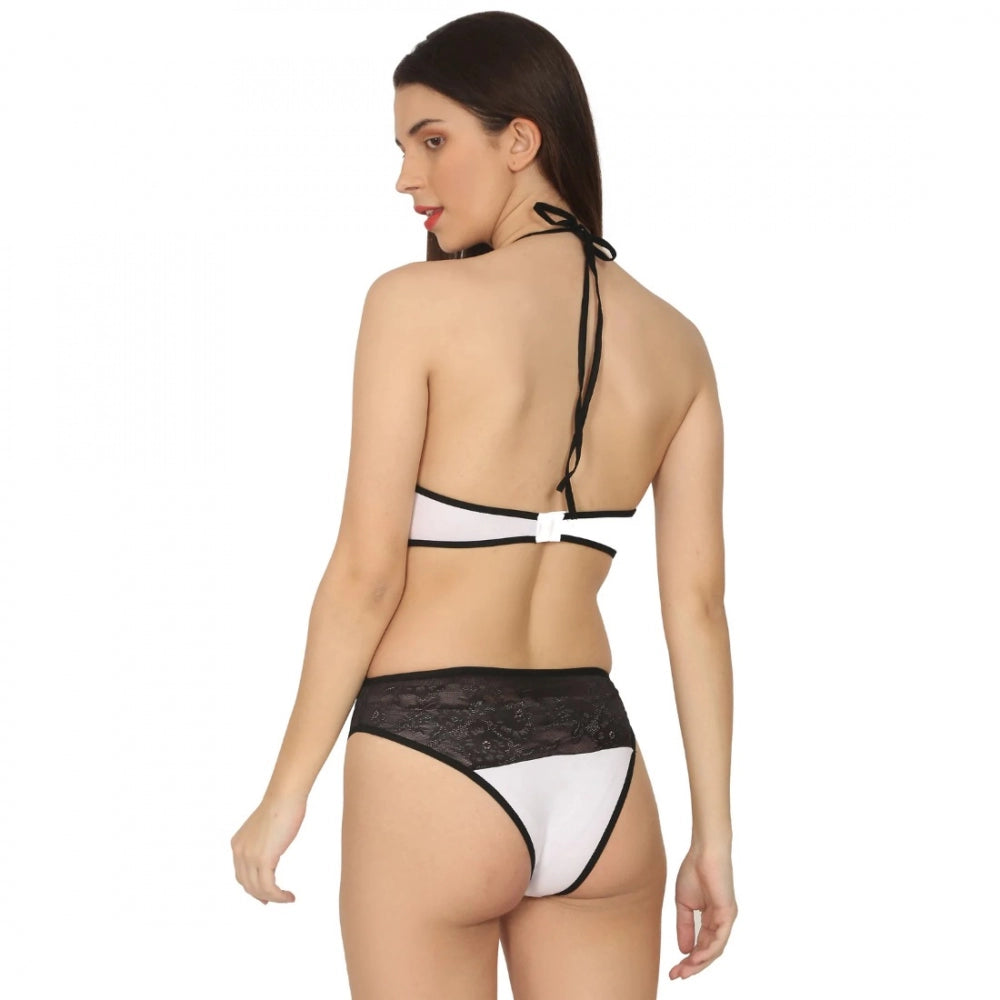 Black and white cotton lace halter neck lingerie set, enhances figure with good support