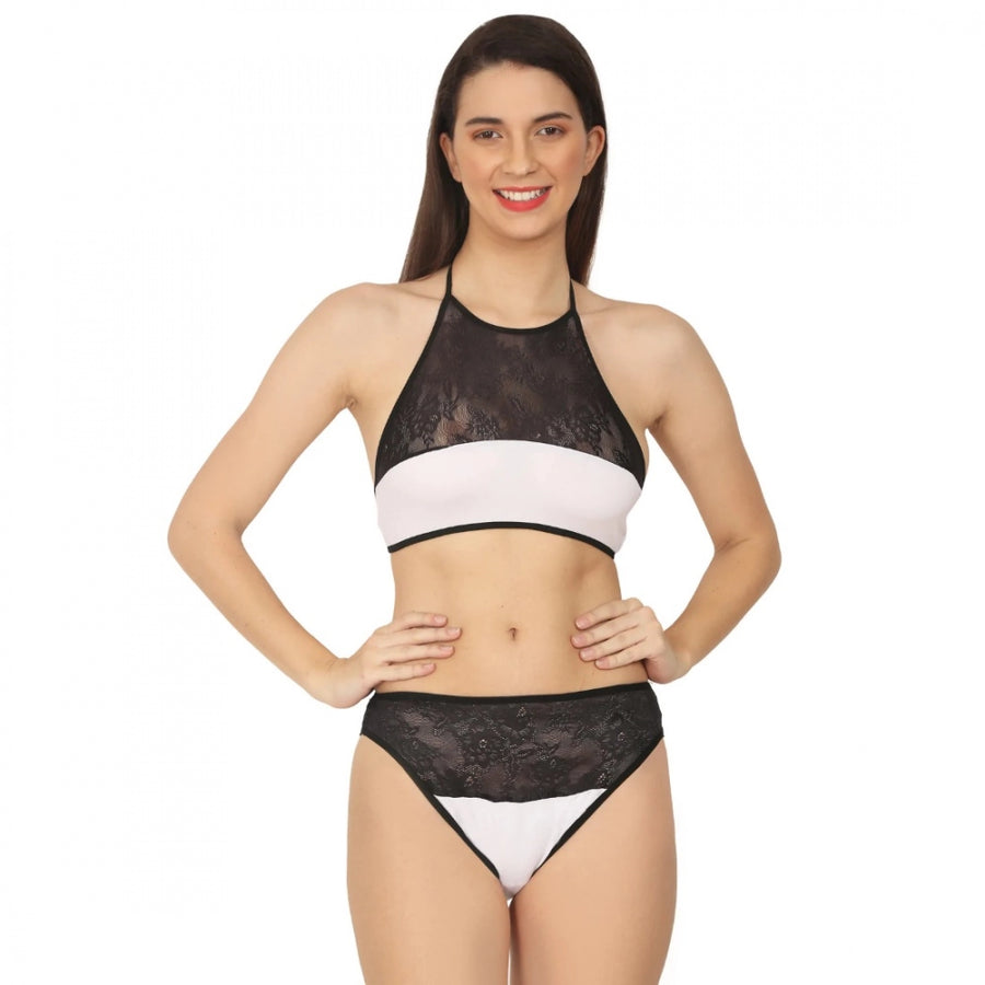 Black and white cotton lace halter neck lingerie set, enhances size and provides good support