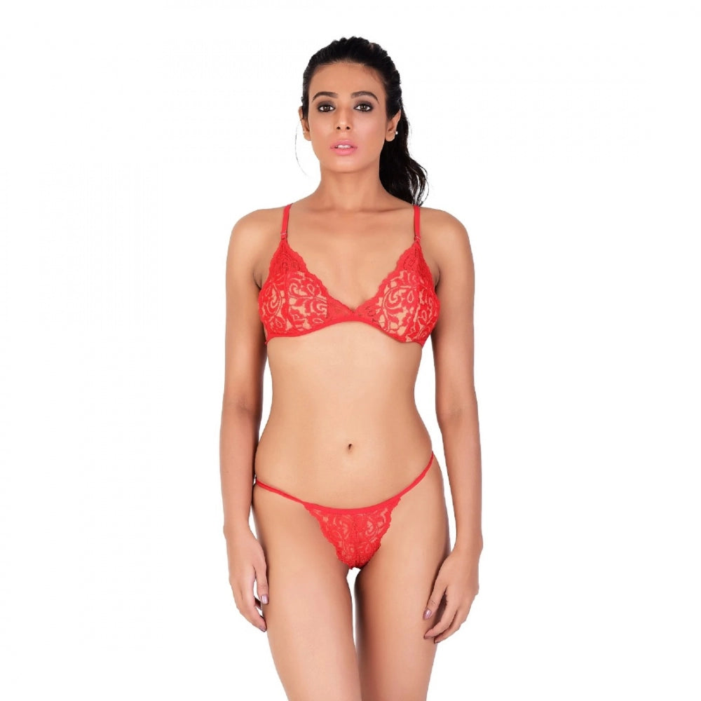 Red lace Special Moment Tanga Lingerie Bra & Panty Set, 100% Made in India, non-padded, transparent strap, wire-free lace fabric