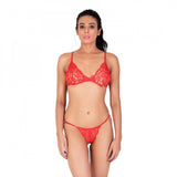 Red lace Special Moment Tanga Lingerie Bra & Panty Set, 100% Made in India, non-padded, transparent strap, wire-free lace fabric