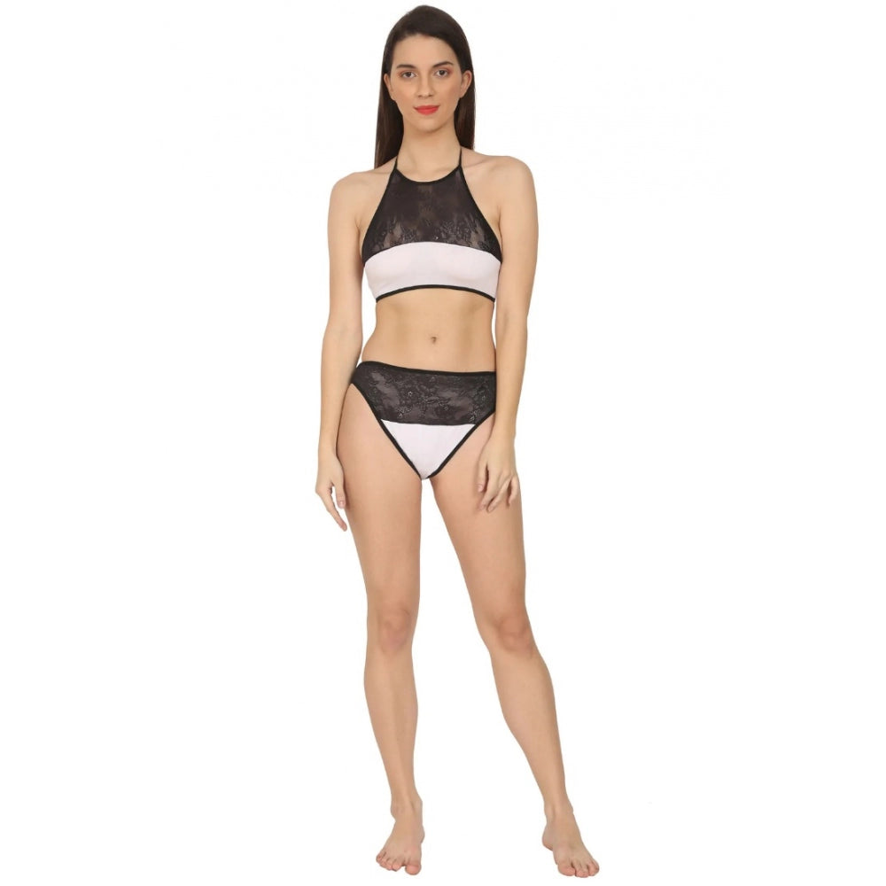 Black and white cotton lace halter neck lingerie set, enhances size and provides good support