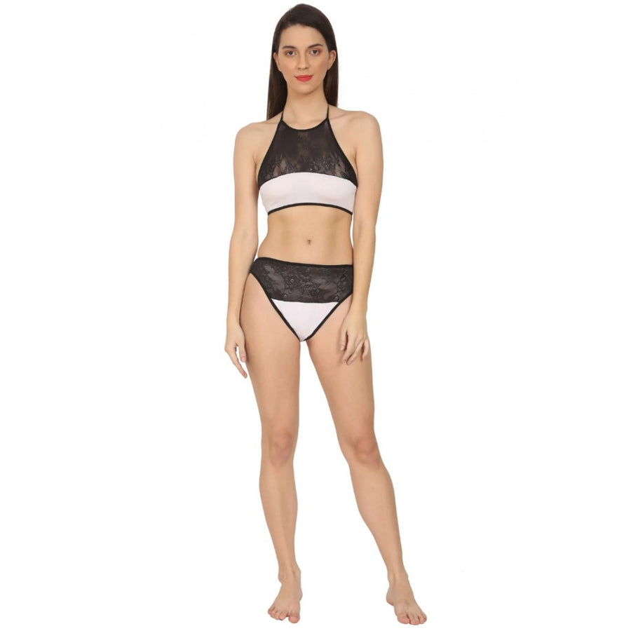 Black and white cotton lace halter neck lingerie set, enhancing support for special occasions