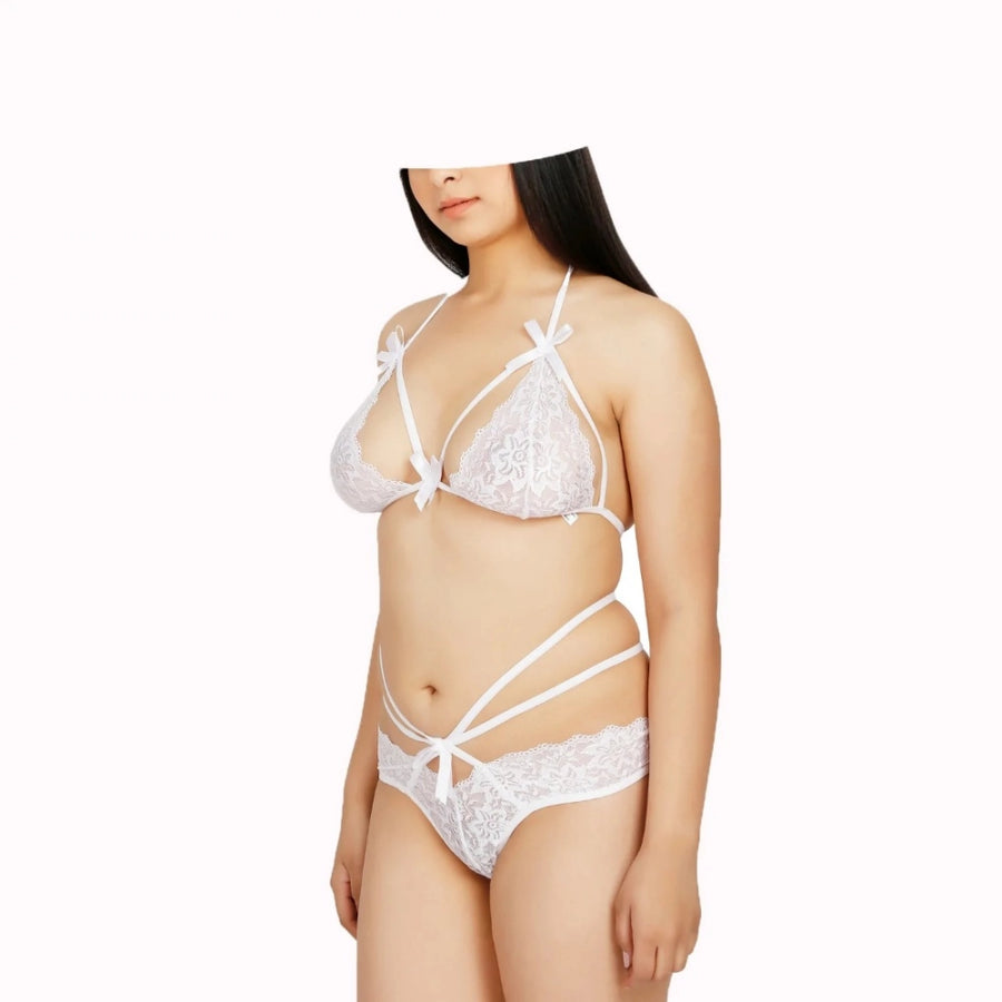 White lace solid sheer lingerie set (bra, panty) - floral cotton lace bralette with halter V neck & bowknot decoration