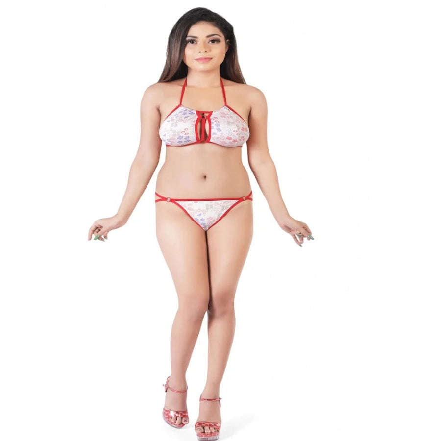Light Pink Floral Printed Polyamide Halter Neck Lingerie Set, featuring adjustable straps, breathable fabric, and hollow out floral print cups. Perfect for special occasions or lingerie parties