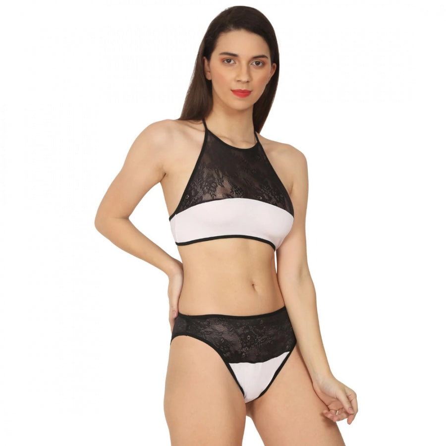 Black and white cotton lace halter neck lingerie set, featuring one bra and one panty for special occasions