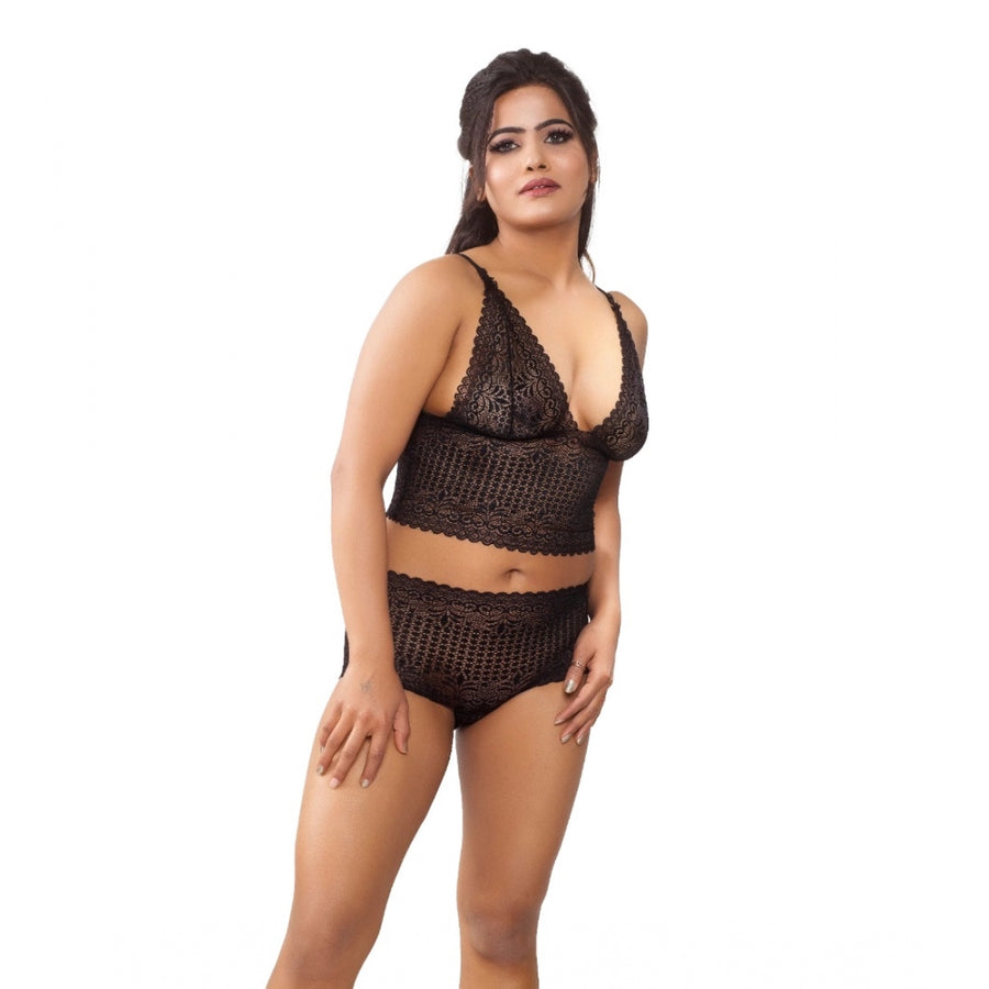Black lace women's lingerie bra and panty set, made with imported fabric for comfort and softness