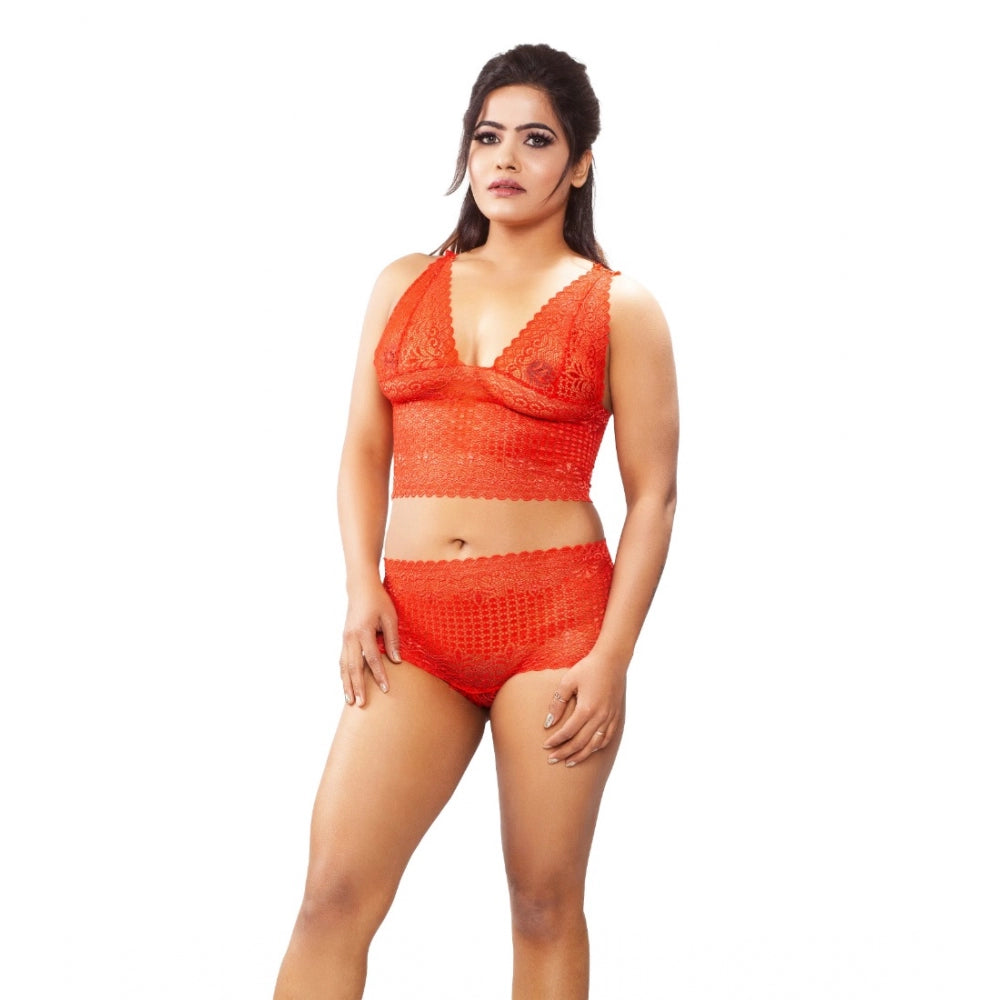 Red lace self-design lingerie set: Women's bra & panty, soft stretchable mesh fabric, perfect for special nights, honeymoon, or Valentine's Day