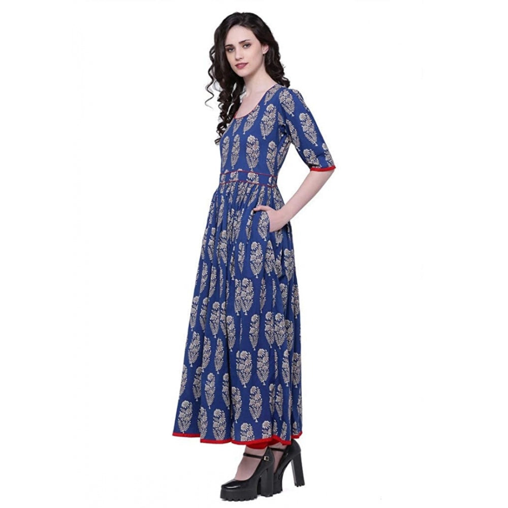 Women's Cotton Printed Anarkali Kurti (Blue, Cotton) - GillKart