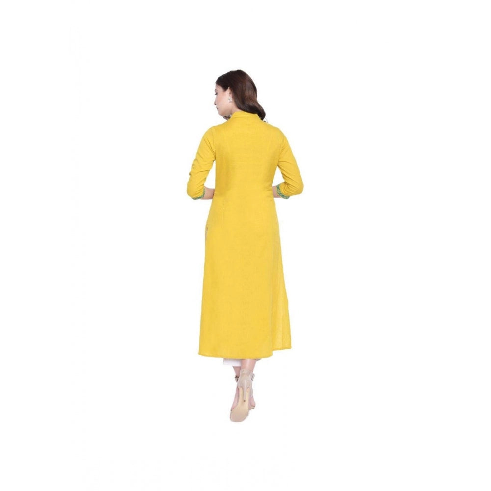Yellow Khadi embroidered kurti with mandarin neck and three-quarter sleeves, traditional Indian women's clothing on hanger