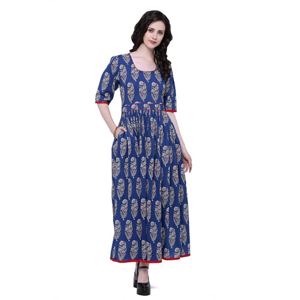 Women's Cotton Printed Anarkali Kurti (Blue, Cotton) - GillKart
