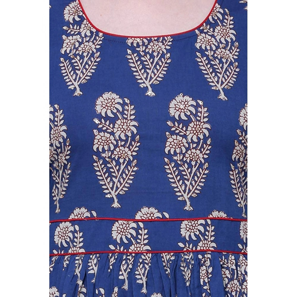 Women's Cotton Printed Anarkali Kurti (Blue, Cotton) - GillKart
