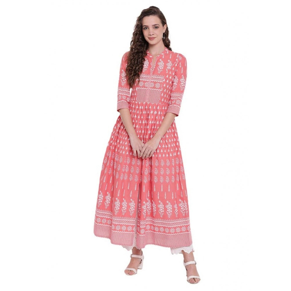 Peach cotton printed regular kurti with mandarin neck and three-quarter sleeves, ideal for women's casual wear