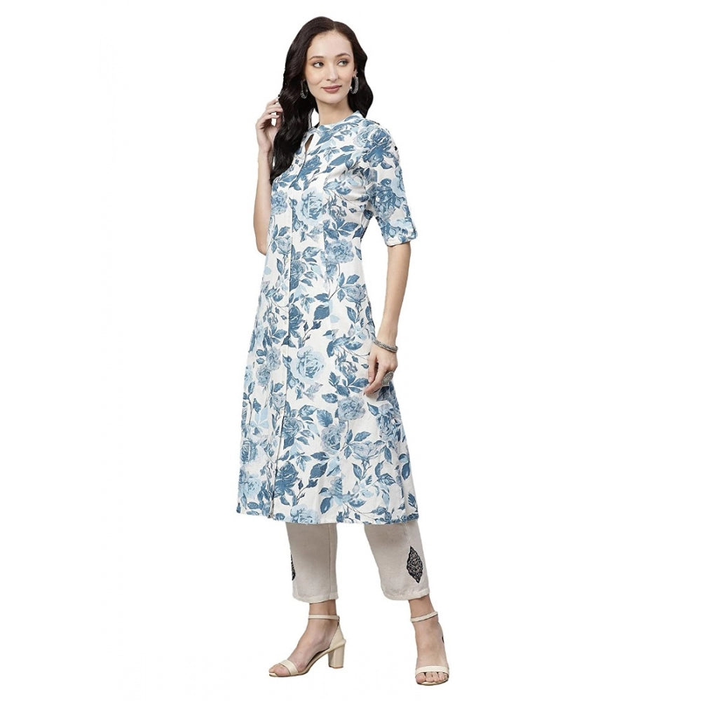 Women's cotton floral printed kurti with white and blue design