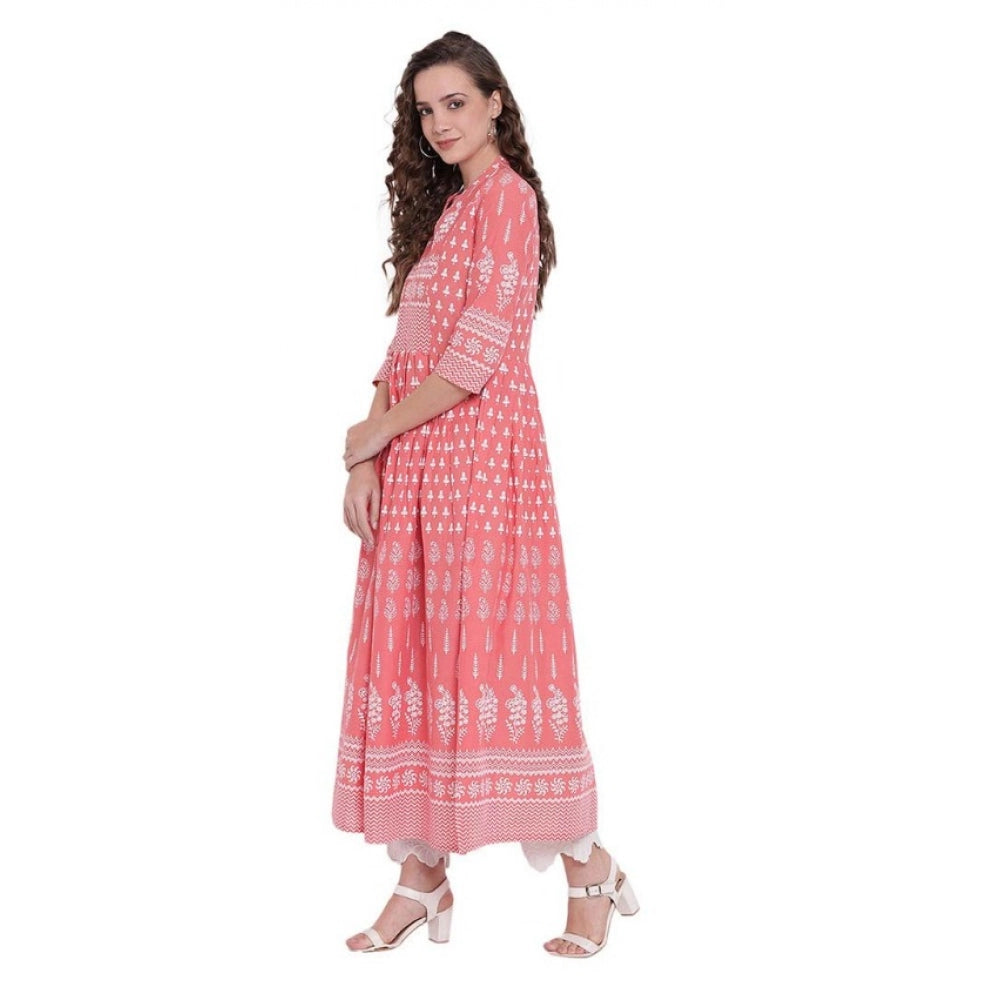 Peach cotton printed regular kurti with mandarin neck and three quarter sleeves, ideal for women's casual wear