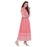 Peach cotton printed regular kurti, mandarin neck, three quarter sleeves, women's fashion