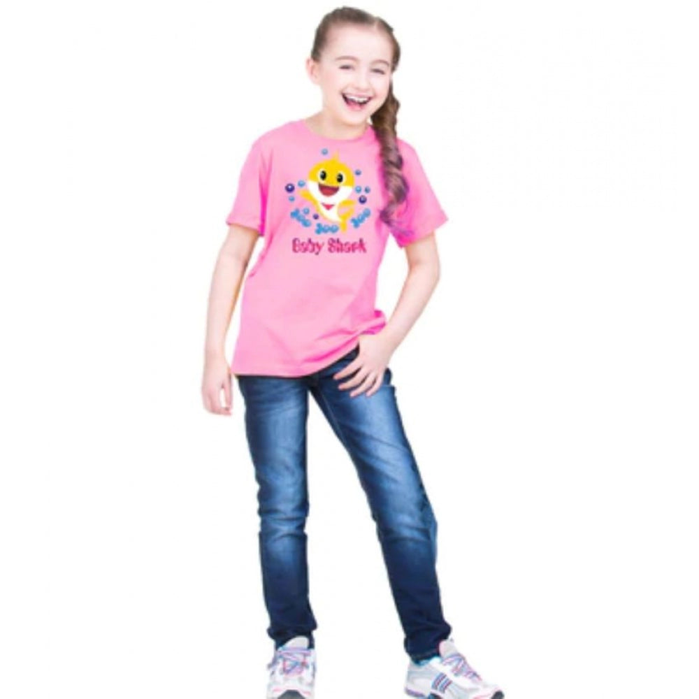 Pink cotton baby shark half sleeve t-shirt for girls, perfect casual wear for little ones