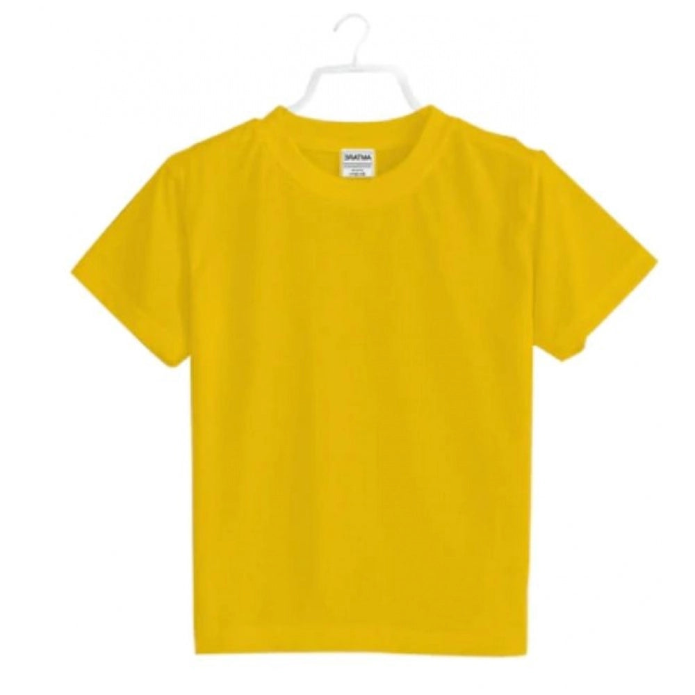 Yellow cotton boys half-sleeve t-shirt on model, round neck style