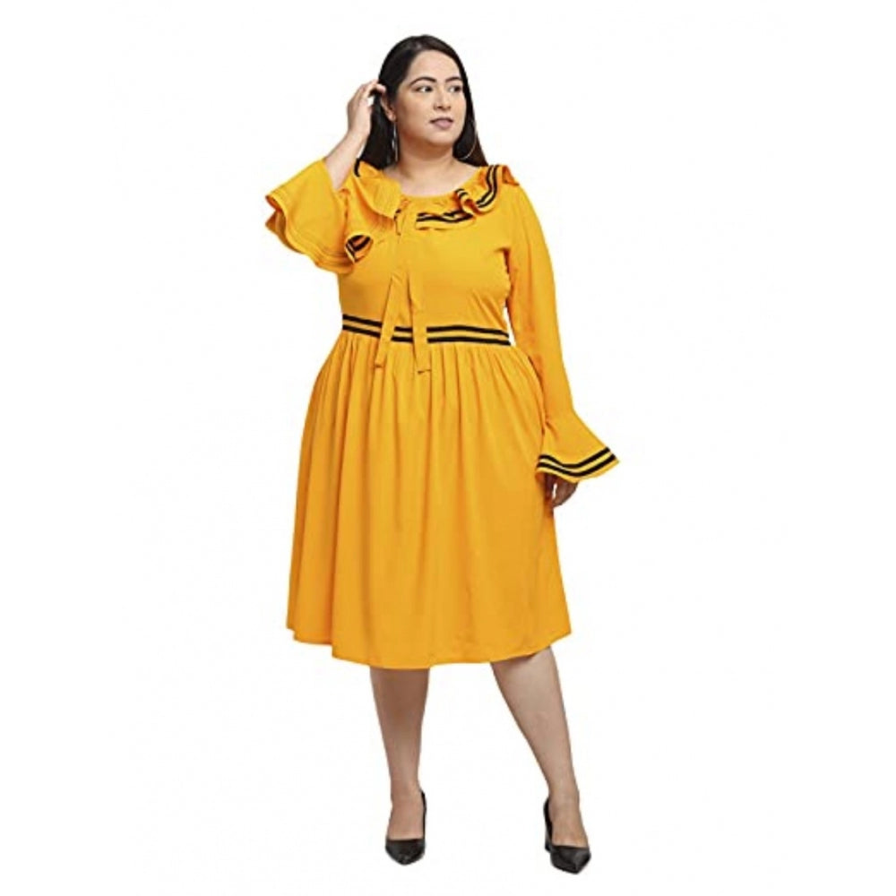 Yellow crepe solid knee length fit and flare women's dress