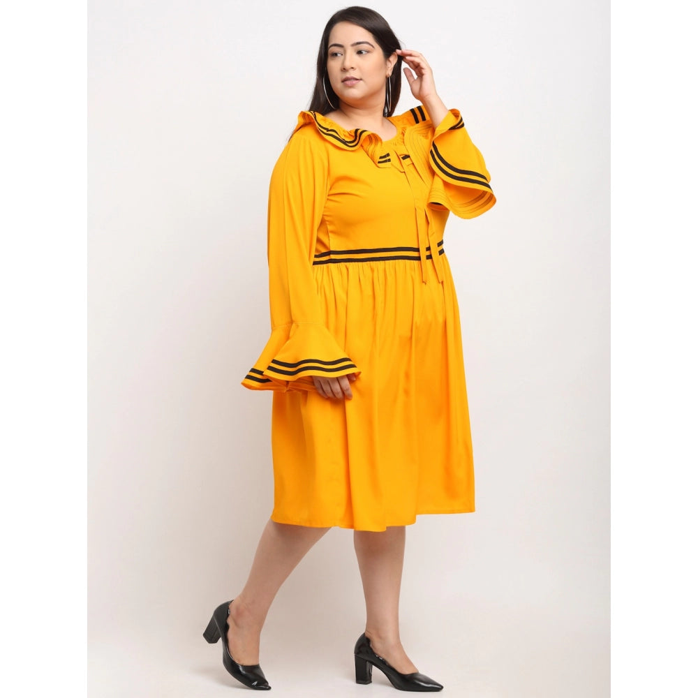 Yellow crepe solid women's knee length fit and flare dress