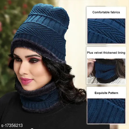 Dark blue knit beanie with matching scarf, cold weather accessory for women