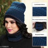 Dark blue knit beanie with matching scarf, cold weather accessory for women