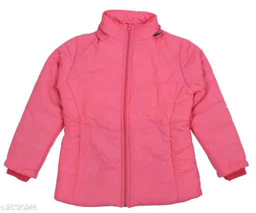 Pink padded winter jacket with full sleeves, visible inner lining