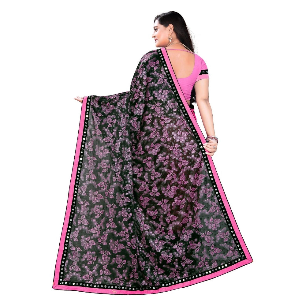 Pink Lycra blend saree with blouse (5-6 mtrs), half-half style, mirrorwork Banglory silk blouse on mannequin