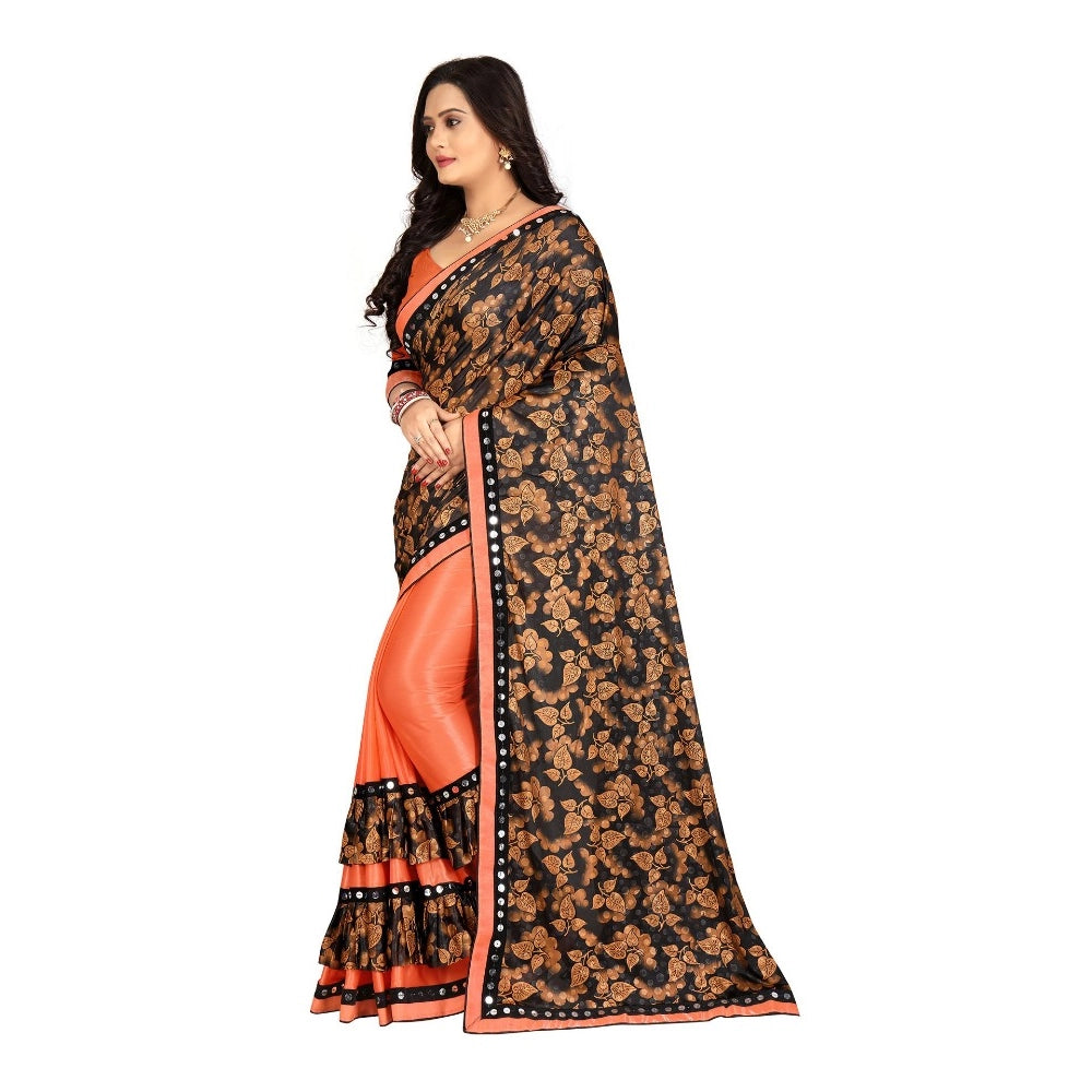 Orange Lycra blend saree with blouse (5-6 meters), unstitched blouse featuring mirror work on Banglore silk, suitable for party or festive occasions