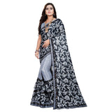 Grey Lycra blend saree with blouse (5-6 mtrs), half-half style, unstitched blouse with mirror work, suitable for party or festive occasions