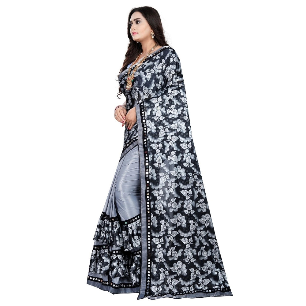 Grey Lycra blend saree with blouse (5-6 mtrs), half-half style, mirror work on unstitched Banglore silk blouse for festive parties