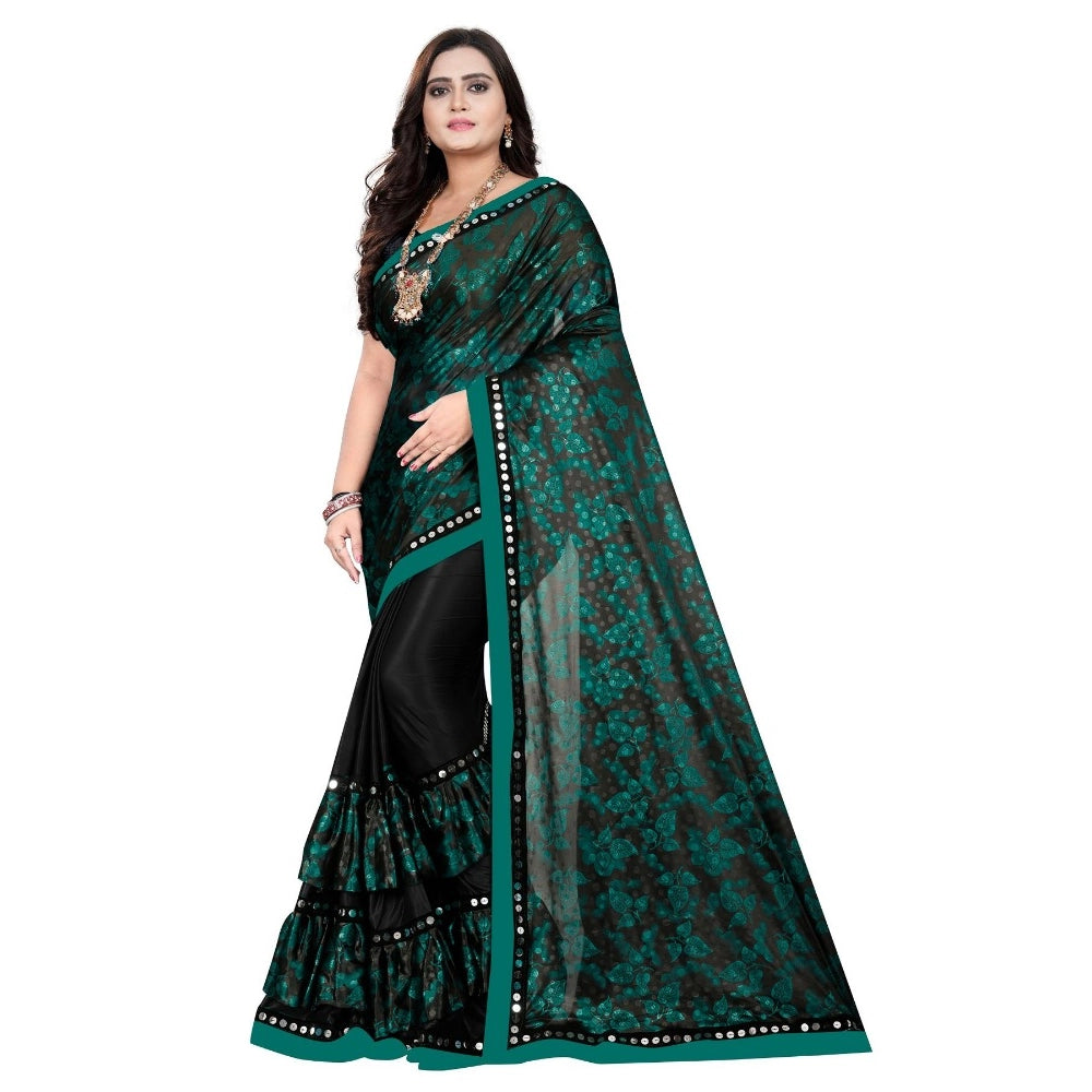 Green Lycra blend saree with blouse (5-6 mtrs), half-half style, unstitched blouse with mirror work on Banglory silk for festive parties