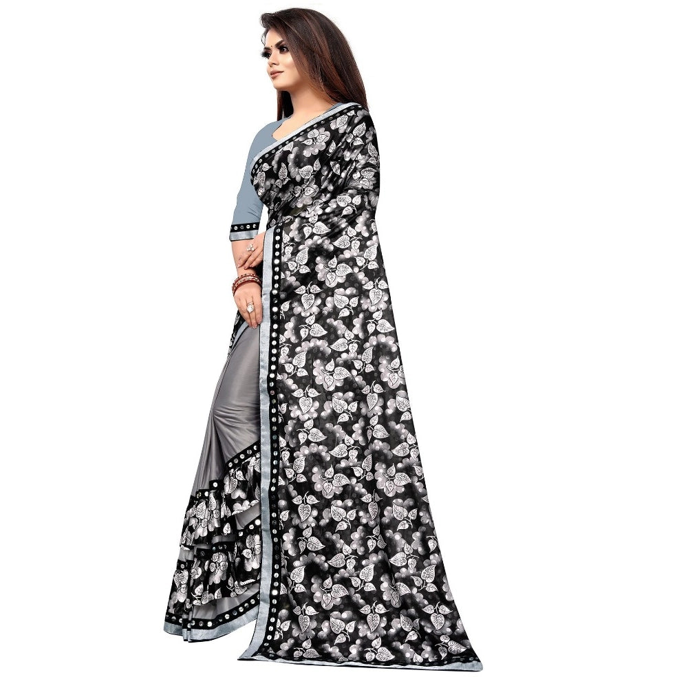 Grey Lycra blend saree & blouse for parties, festive occasions - half-half style with mirrorwork Banglory silk blouse (5-6 meters)