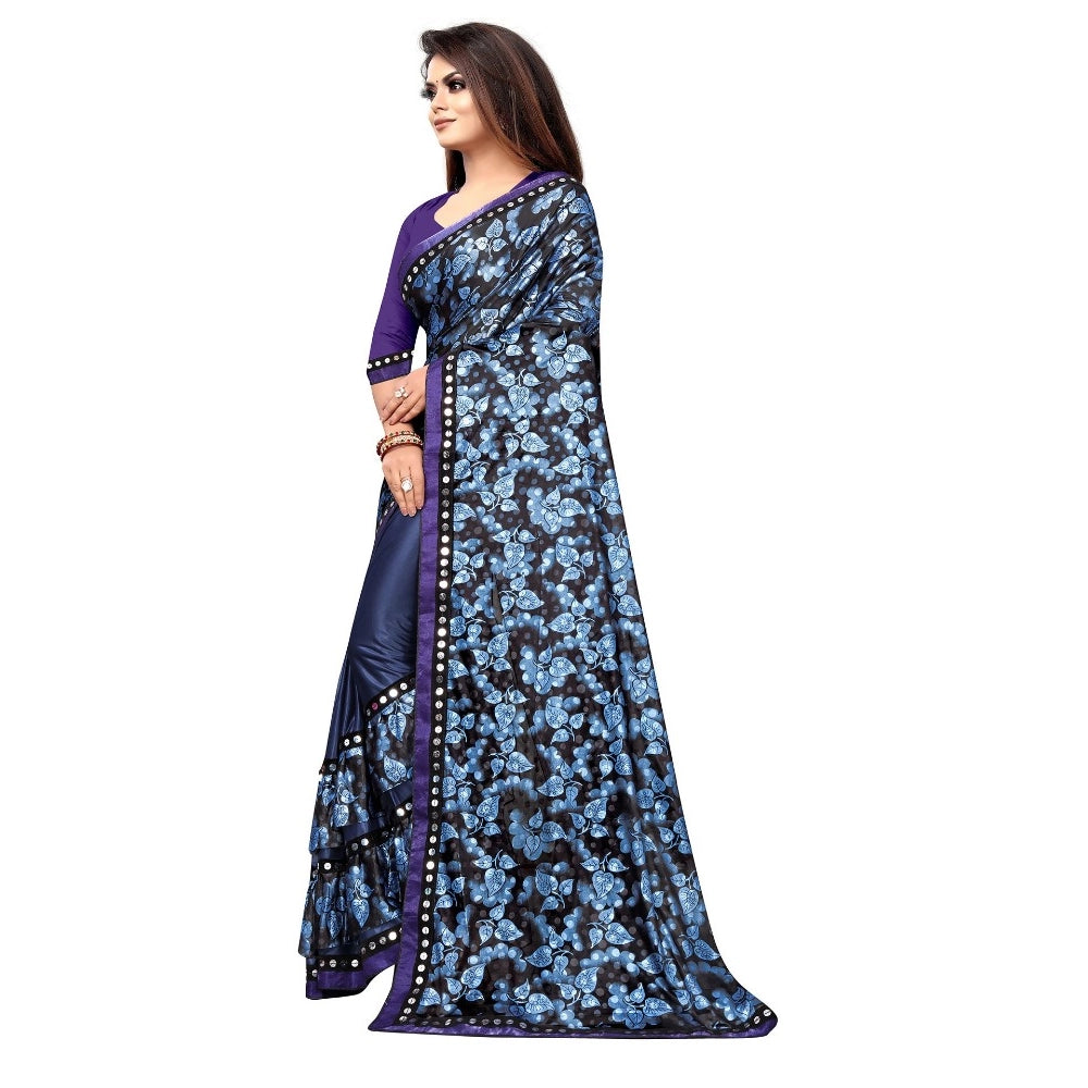 Blue Lycra blend saree set with unstitched blouse (5-6 meters), half-half style, mirror work on Banglory silk blouse for festive parties