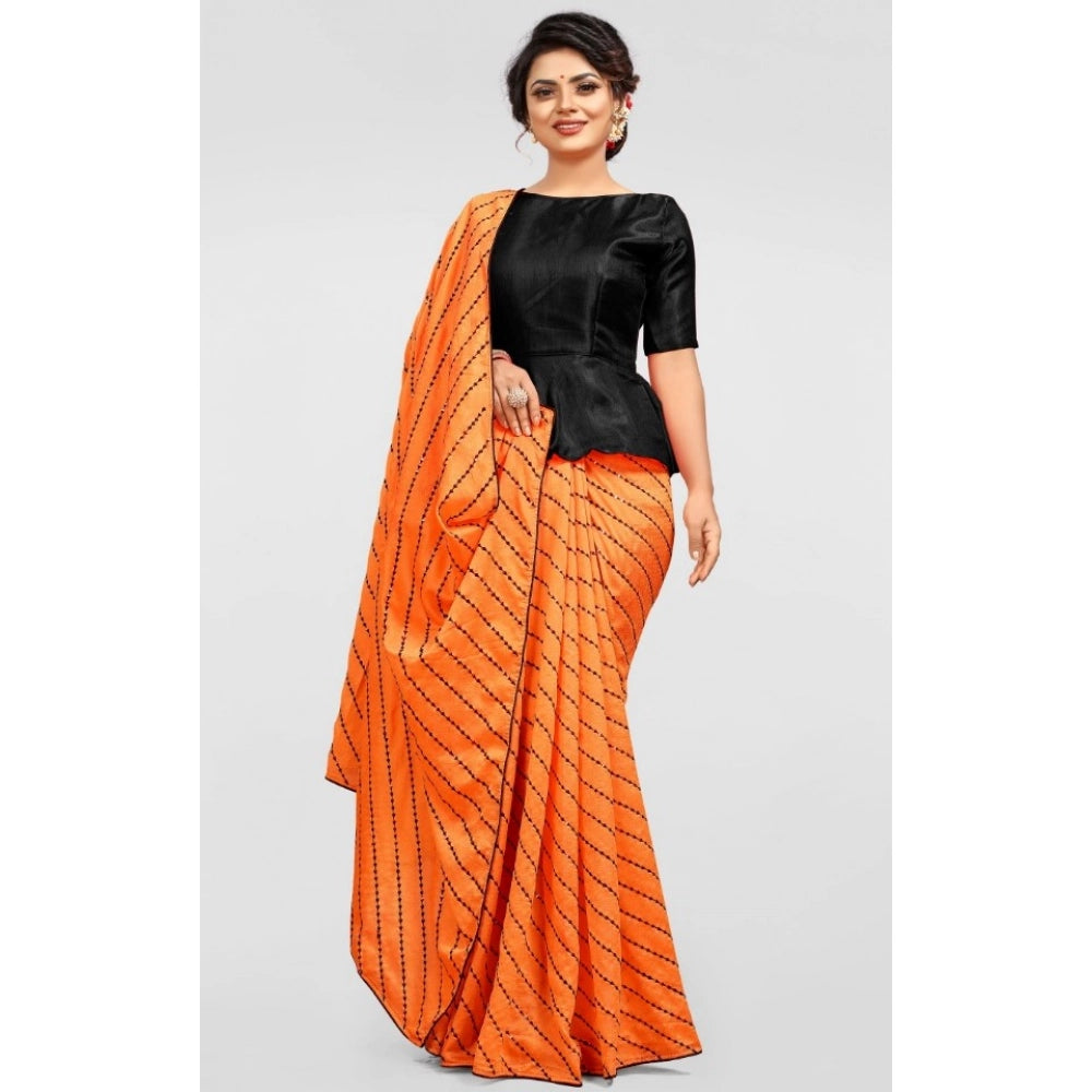 Orange Vichitra saree with unstitched brocade blouse, sequence work on display